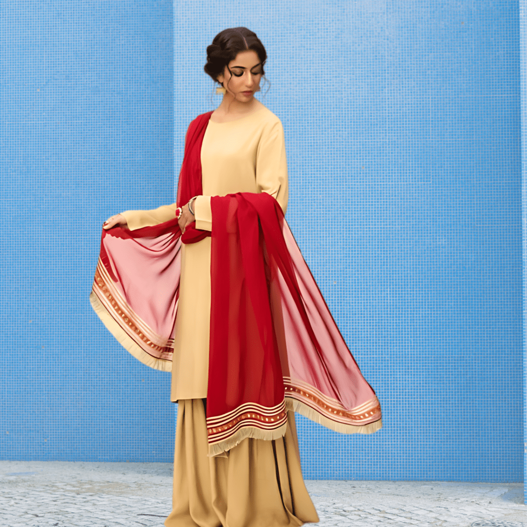 Women's Solid Colour Red Dupatta With INDIAN Golden Gota Work