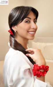 Upgrade your hair game with Yumna’s Collection luxury red satin scrunchies. These high-quality silk hair ties provide a gentle, secure hold, preventing hair breakage and reducing frizz. Perfect for all hair types, our scrunchies add a touch of elegance to any look, whether casual or formal. Shop now for a beautiful blend of style and care. Benefits: Gentle on Hair: Soft satin material minimizes friction, preventing hair breakage and reducing frizz. Elegant Style: Luxurious red satin finish adds a chic, stylish touch to your everyday or special occasion looks. Versatile Use: Suitable for all hair types, these scrunchies are ideal for holding up buns, ponytails, or just as a wrist accessory. Durable & Stretchy: Designed for long-lasting use with a comfortable elastic band that maintains a secure hold without pulling. Uses: Casual Wear: Perfect for everyday ponytails, buns, or braids. Workouts: Ideal for keeping your hair in place during workouts without causing damage. Special Occasions: Adds a luxurious finish to formal hairstyles, enhancing your overall look. Wrist Accessory: Can also be worn on the wrist as a fashionable accessory when not in use.